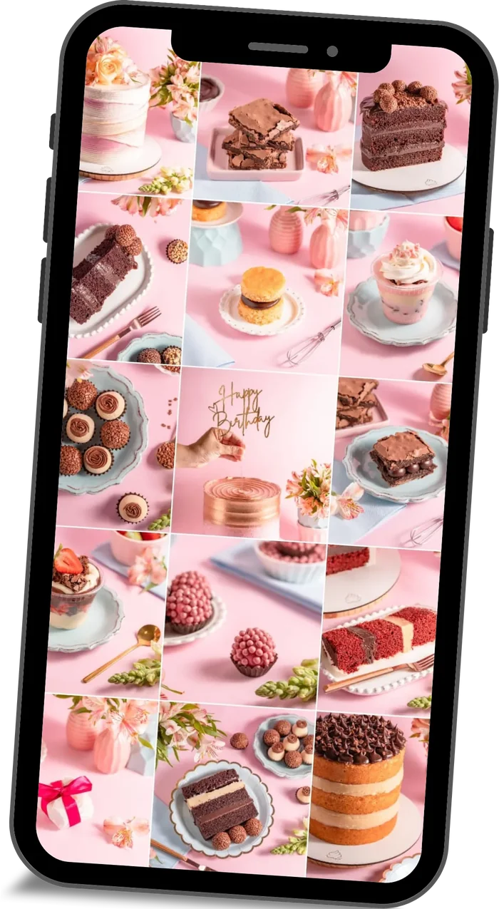 Celular mostrando um feed do Instagram com fotos de doces em cenários profissionais